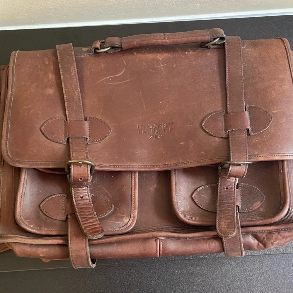 Vintage Custom Hide Leather Brass Button Briefcase W/ Strap Multi-pocket US-made